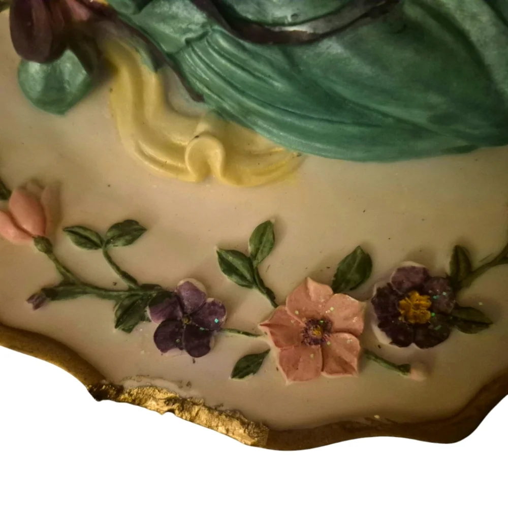 Handcrafted decorative 3D Collectable Winged Angel Wall Plate Flowers Gold Trim